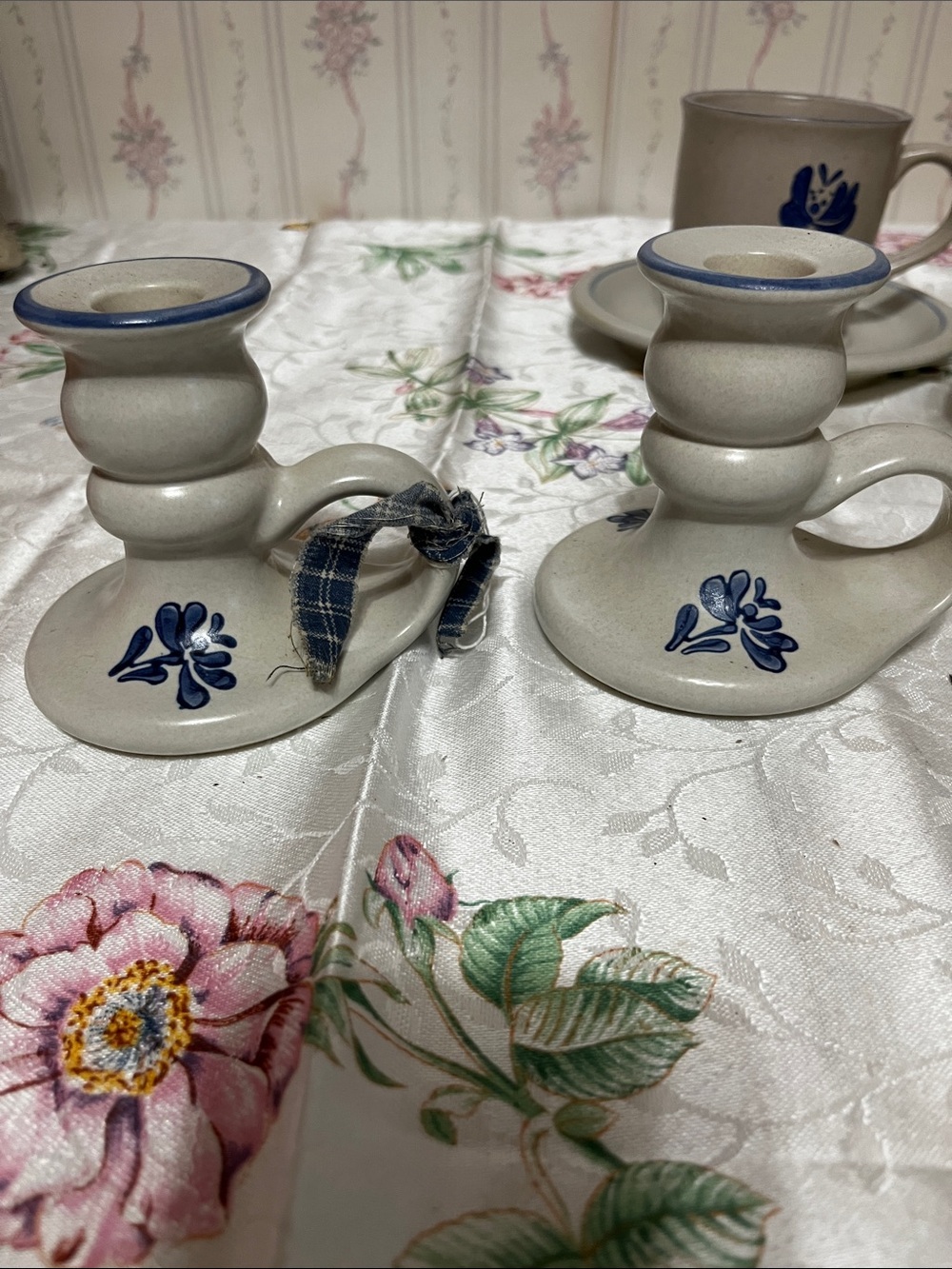 Pfaltzgraff Blue Floral Ceramic Chamberstick Pair